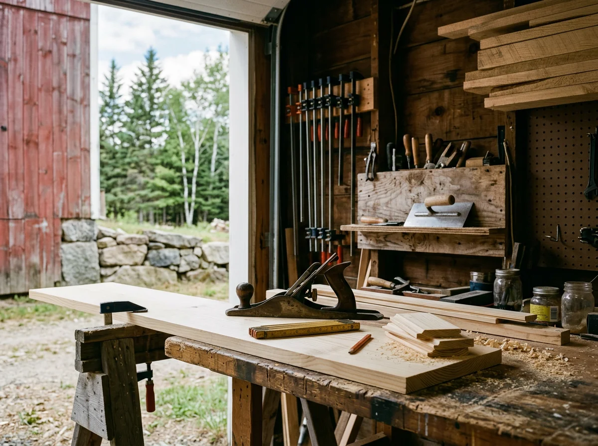 Tools and materials arranged for a carpentry project, showing the trade work our team performs on job sites across southern Maine. The scene shows no people.