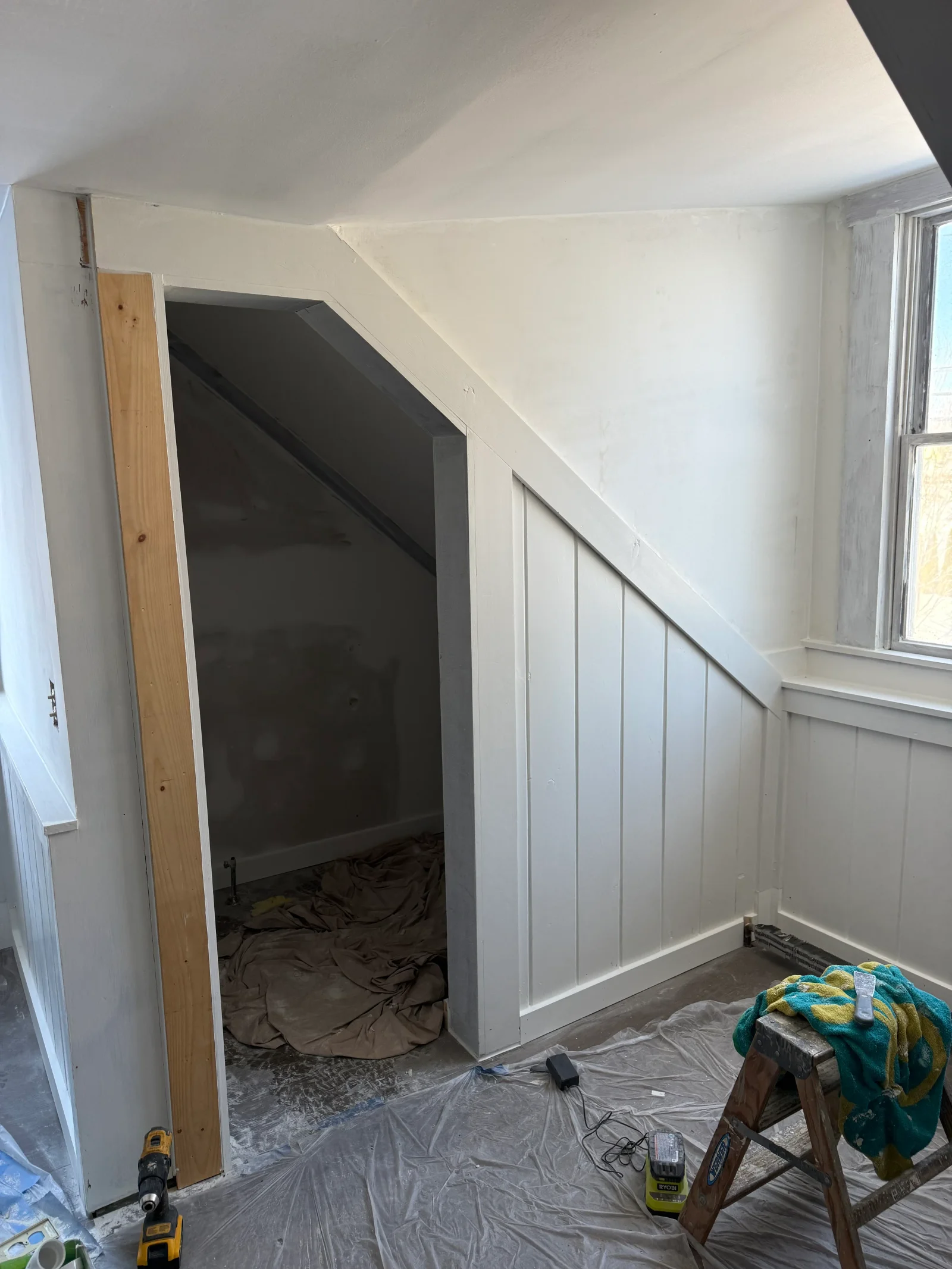 Vertical board paneling and white trim on sloped attic knee wall with eave storage opening