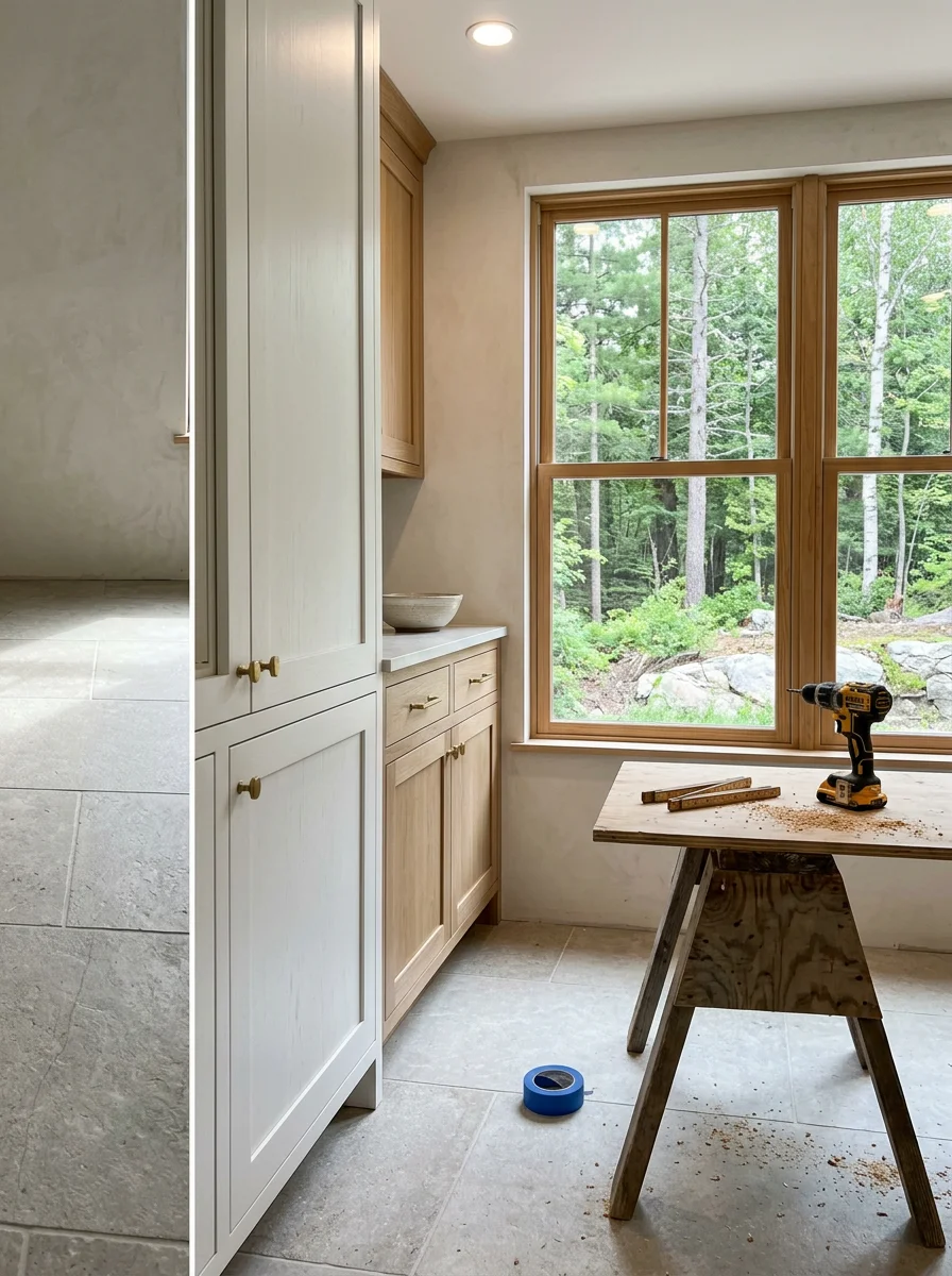 Interior of a Falmouth, Maine home showing custom cabinetry being installed in a kitchen with new tile flooring and large windows overlooking a wooded backyard.