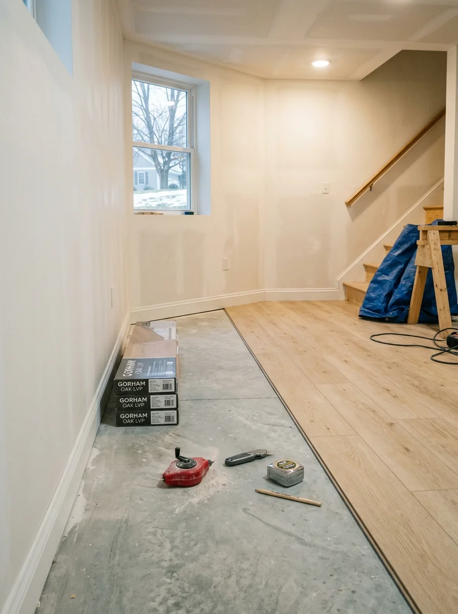 Freshly finished drywall in a basement conversion project in a Gorham, Maine subdivision home, with new LVP flooring being laid across the concrete slab.