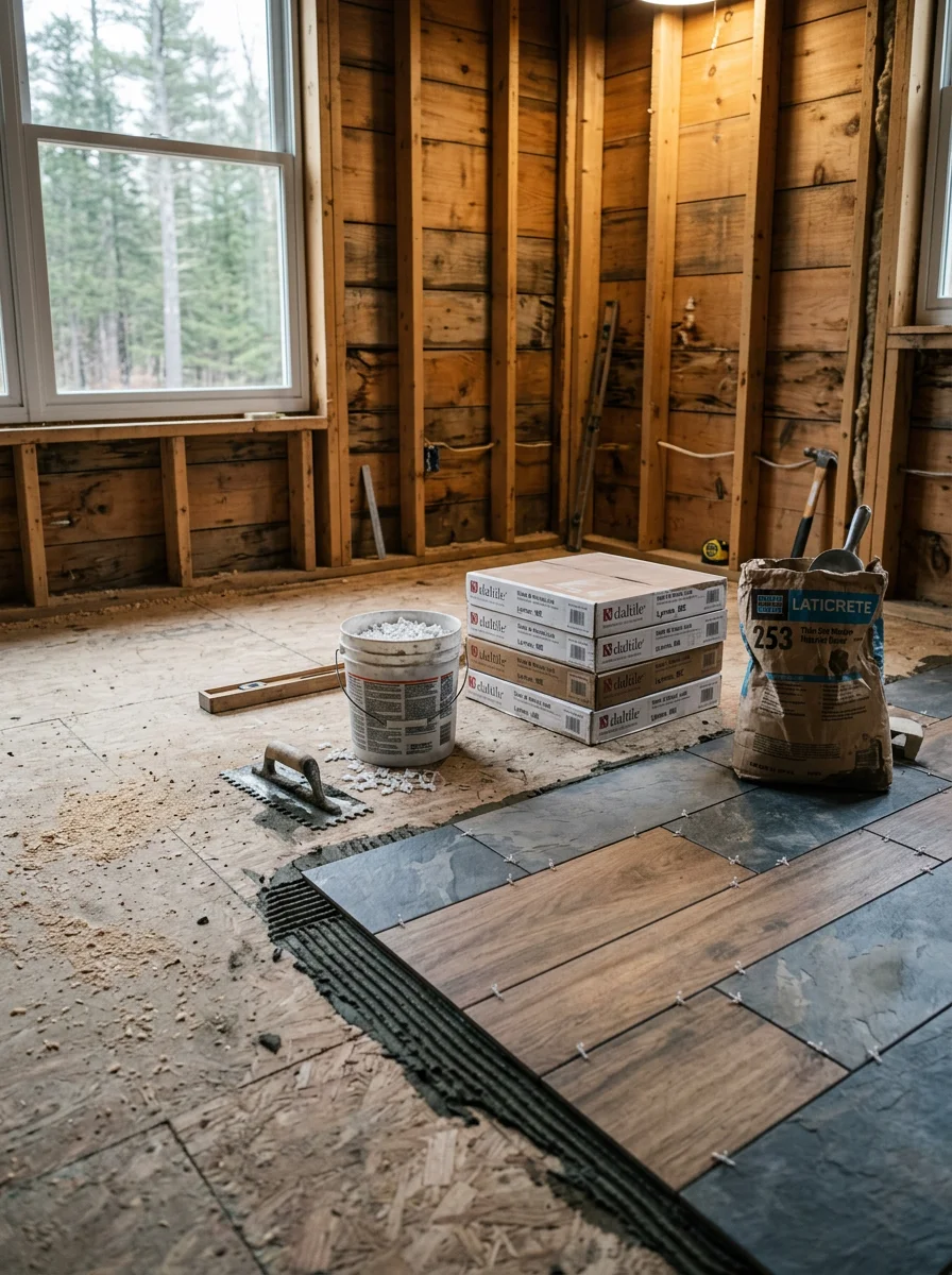 Close-up of a craftsman installing custom tile flooring in a rural Lyman, Maine home with original wood-frame walls visible in the background.