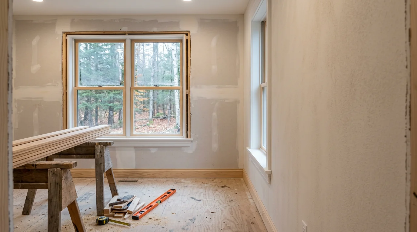 Interior of a 1970s-era Cape Cod home in Lyman, Maine, showing freshly installed drywall and new wood trim around a window with a wooded lot visible outside.