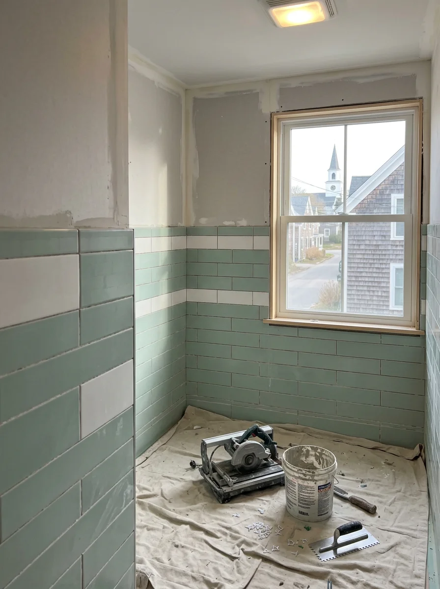 Interior of an Ogunquit, Maine cottage showing new ceramic tile being installed in a small bathroom with fresh drywall on the walls and a window overlooking the village.