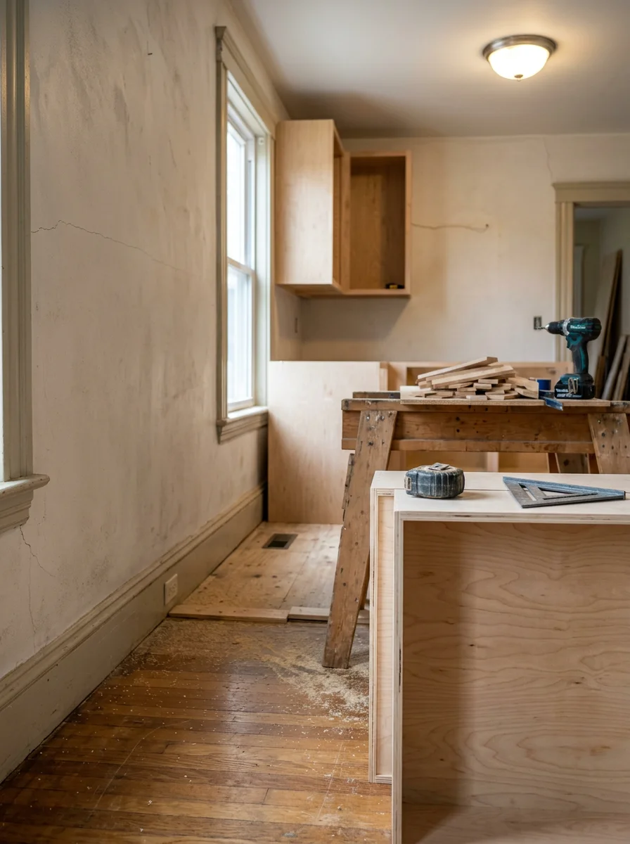 Close-up of a craftsman fitting custom cabinet boxes in a narrow Portland, Maine kitchen with original plaster walls and period-appropriate trim visible on the adjacent wall.