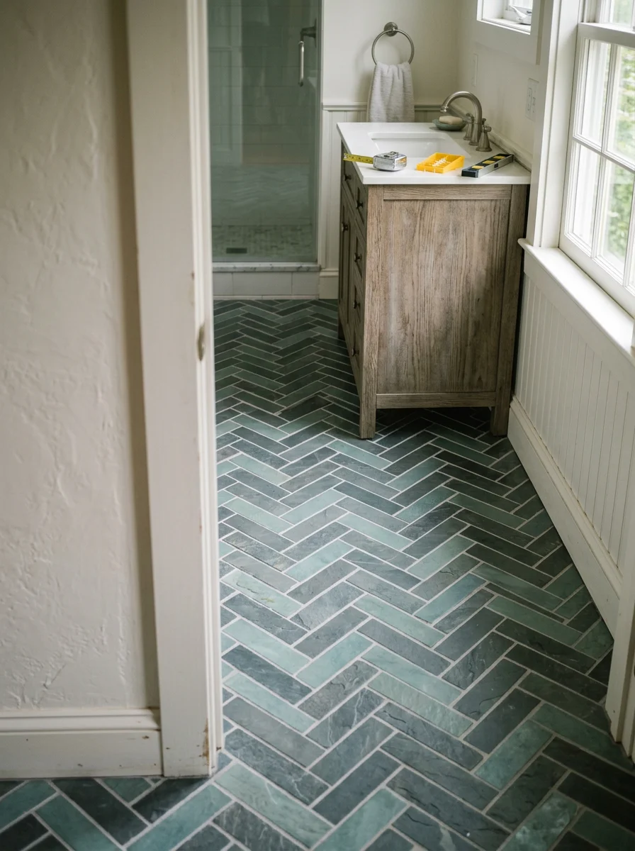 Interior of a Saco, Maine home showing newly installed custom tile flooring in a bathroom with coastal-style fixtures and natural light from a window.