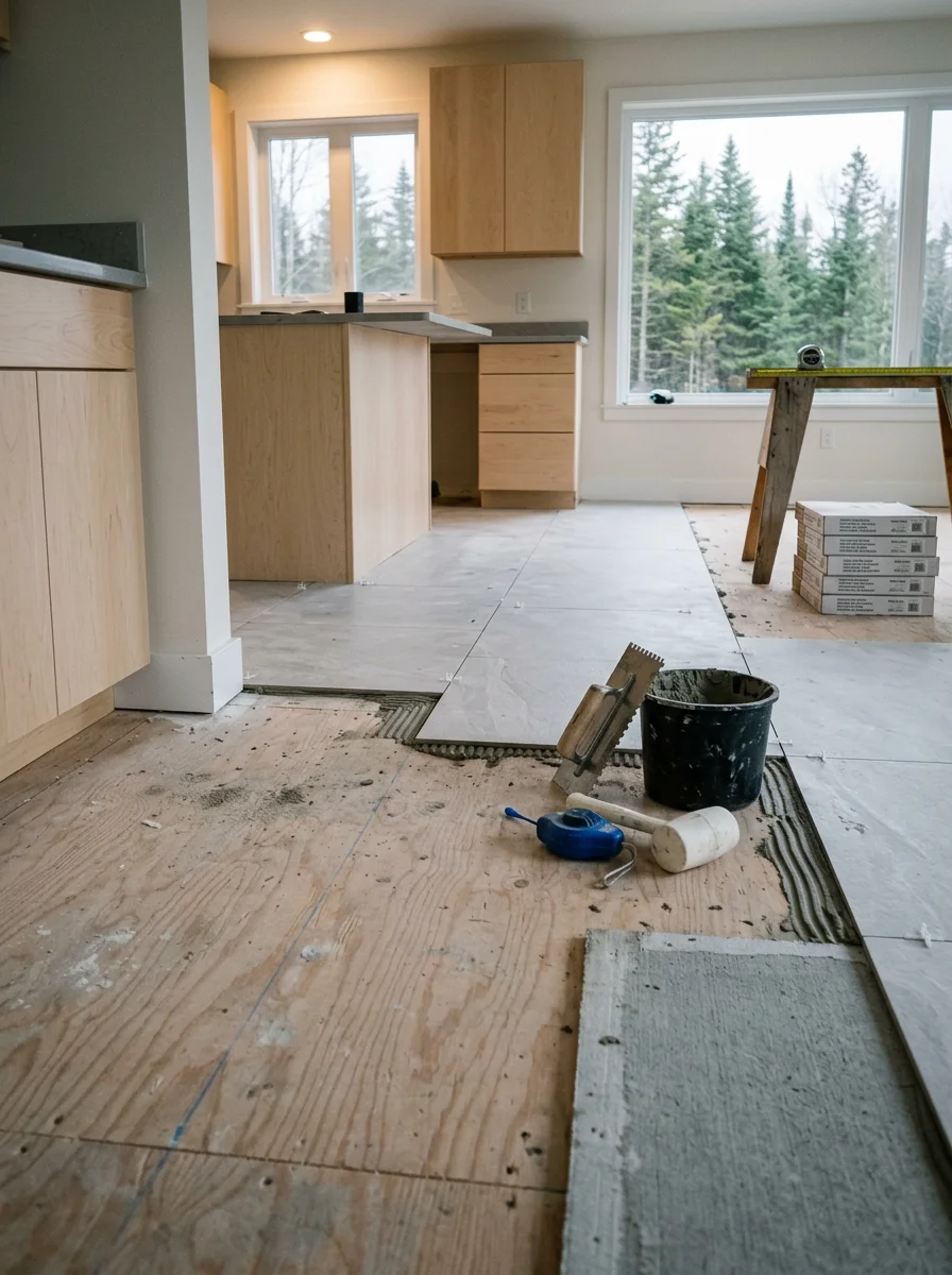 Interior of a new residential unit at The Downs in Scarborough, Maine, showing custom tile flooring being installed in a bright open-plan kitchen and living area.
