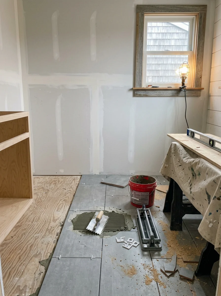 Interior of a Wells, Maine seasonal cottage being converted to year-round use, showing new tile flooring being installed in a small bathroom with fresh drywall on the walls.