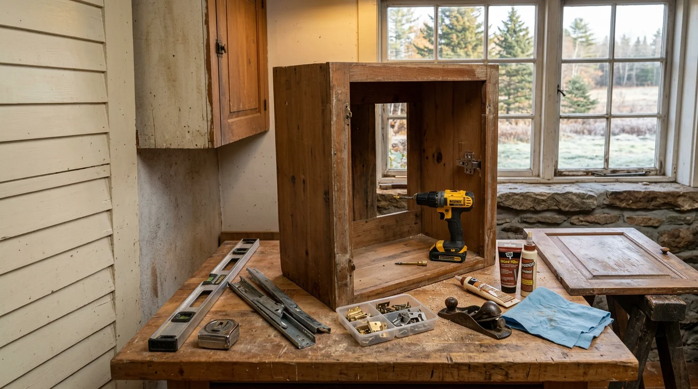 A carpenter adjusting a misaligned wood cabinet door in a Lyman, Maine kitchen, with replacement hinges and hand tools on the countertop nearby.