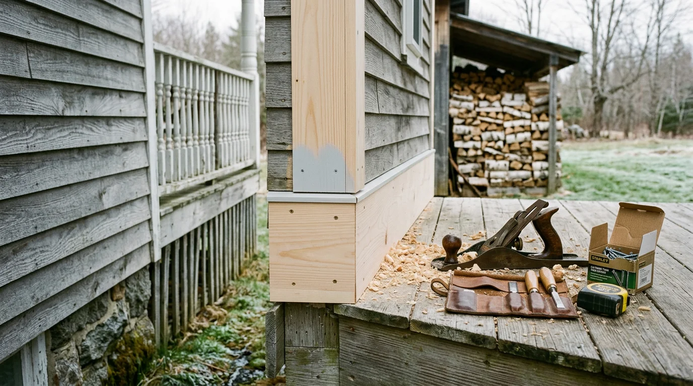 Repaired exterior wood trim and fascia on a Maine home in Lyman, showing clean replaced boards where rotted sections were removed. Close view of finished carpentry repair work on a residential porch in southern Maine.