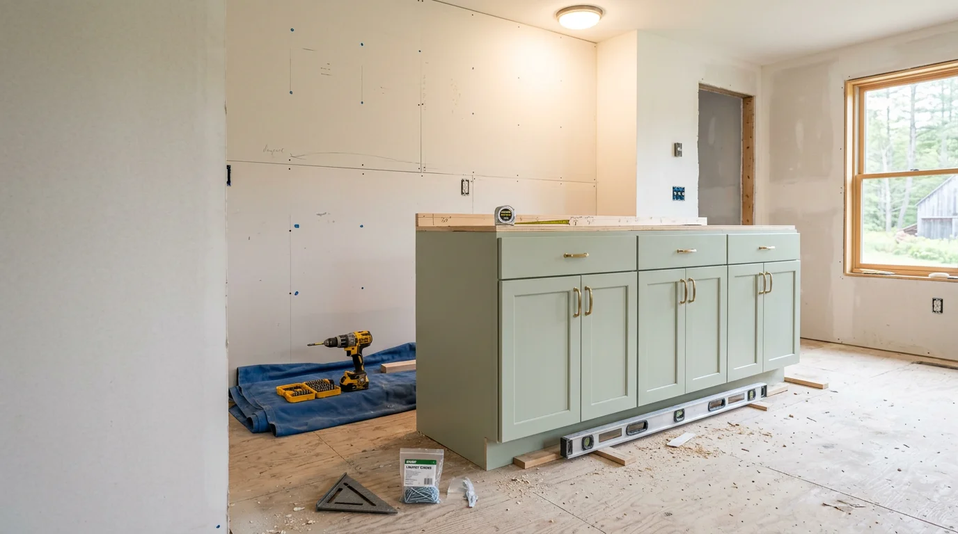 Freshly installed custom kitchen cabinets in a southern Maine home, showing upper and base cabinet runs aligned along a painted wall with hardware in place. Installation completed by Joseph Gooch • Skilled Tradesman LLC serving Lyman, Maine and surrounding areas.