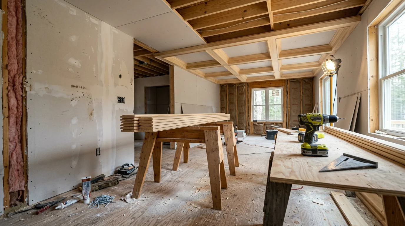 A finished custom coffered ceiling installed in a residential living room in Lyman, Maine, showing clean drywall joints and defined recessed panels. Natural light from nearby windows highlights the depth and shadow lines of the ceiling detail.
