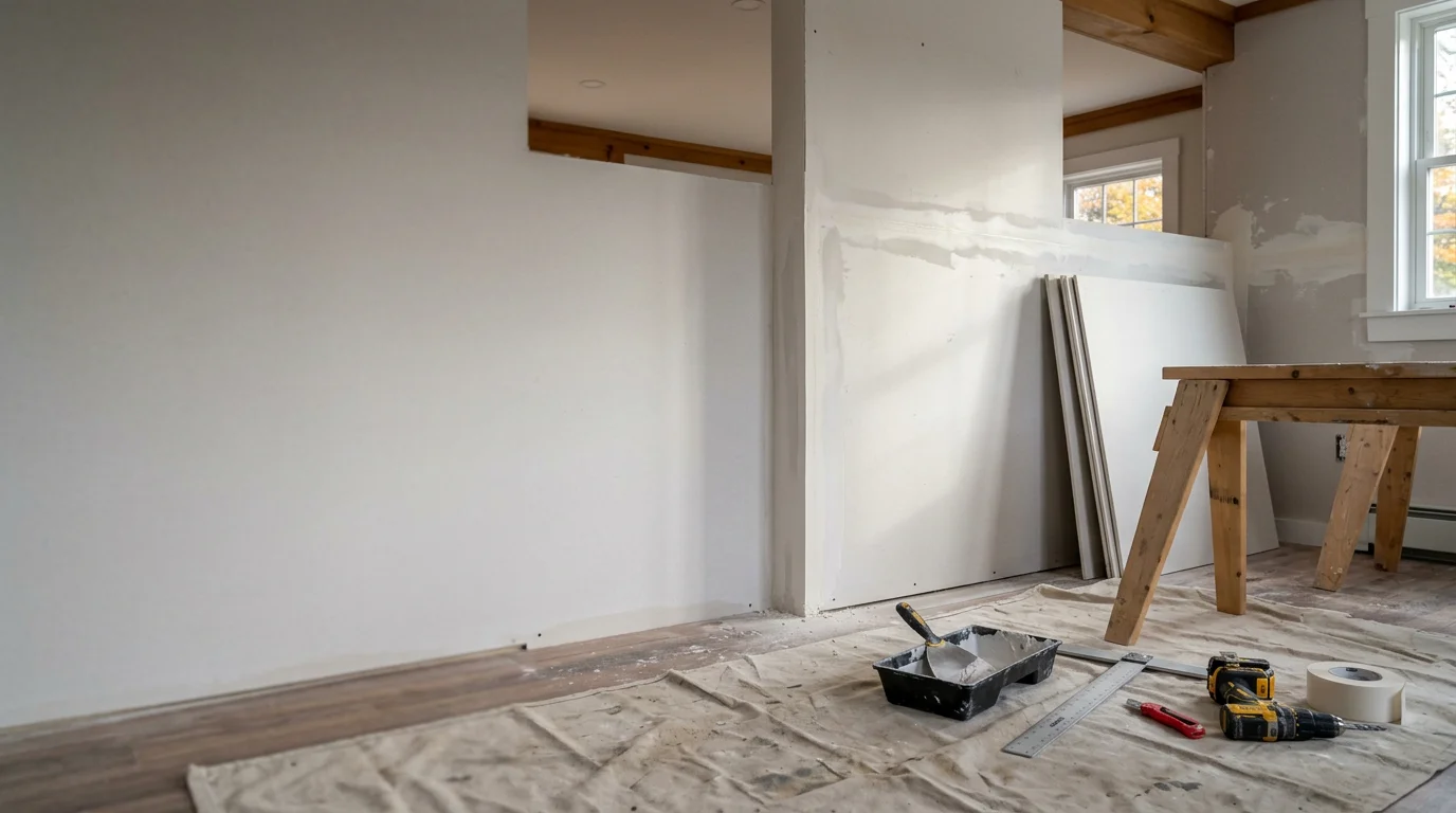 Freshly installed and finished drywall on the interior walls of a single-family home in Lyman, Maine, with smooth joints and corners ready for paint. A sole proprietor applies joint compound to a seam in a renovated room, showing the finishing stage of a residential drywall installation.