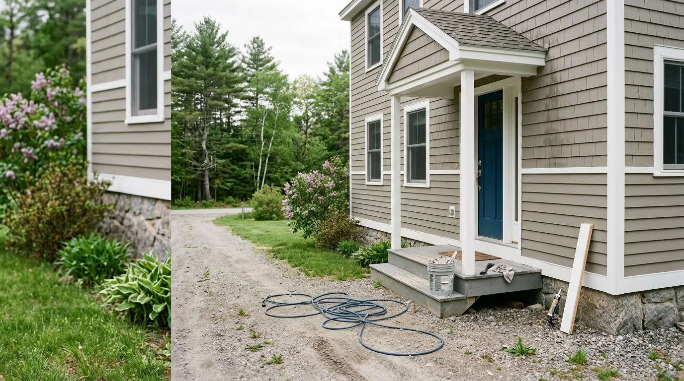 A freshly painted wood clapboard home exterior in Lyman, Maine, showing clean brush lines along the siding and trim after prep and topcoat application. The rural southern Maine setting is visible in the background with mature trees and a gravel driveway.