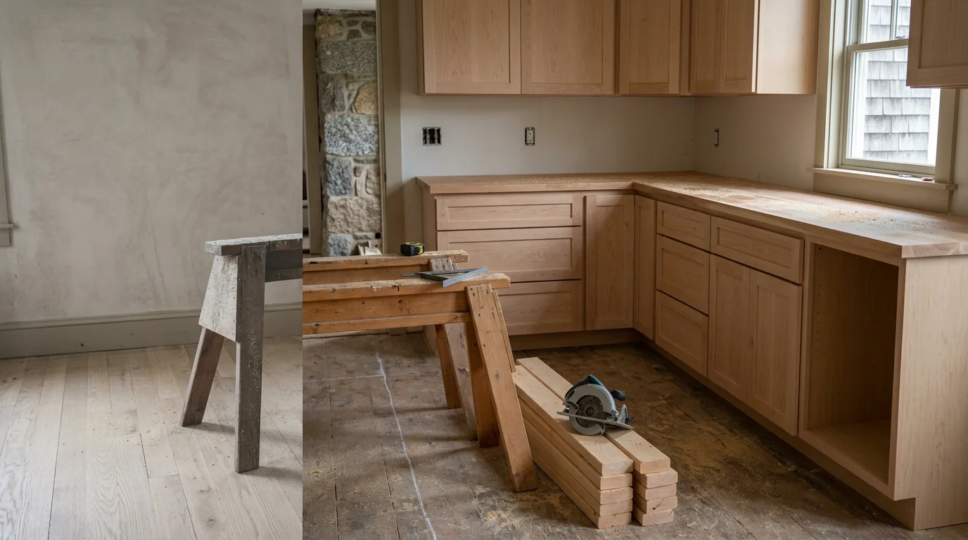 Finished wood cabinetry installed in a residential kitchen in Lyman, Maine, showing clean face frames and fitted cabinet boxes. A carpenter's tools rest on the countertop beside the completed installation.