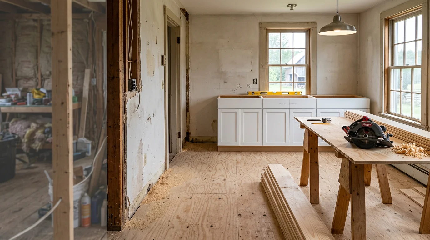 Finished kitchen remodel interior inside a rural Maine home in the Lyman area, showing new flooring, updated cabinetry, and fresh interior carpentry work. The space reflects a practical, clean renovation suited to an older southern Maine property.