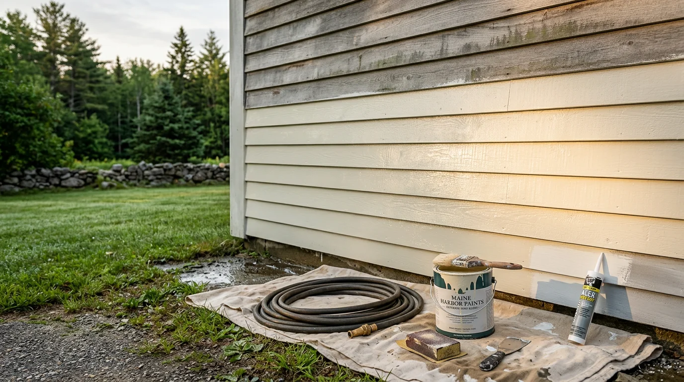 Freshly painted wood clapboard siding on a single-family home in Lyman, Maine, showing clean brush lines and even coverage from foundation to roofline. Close view of the painted siding surface after prep work, with no peeling or lap marks visible.