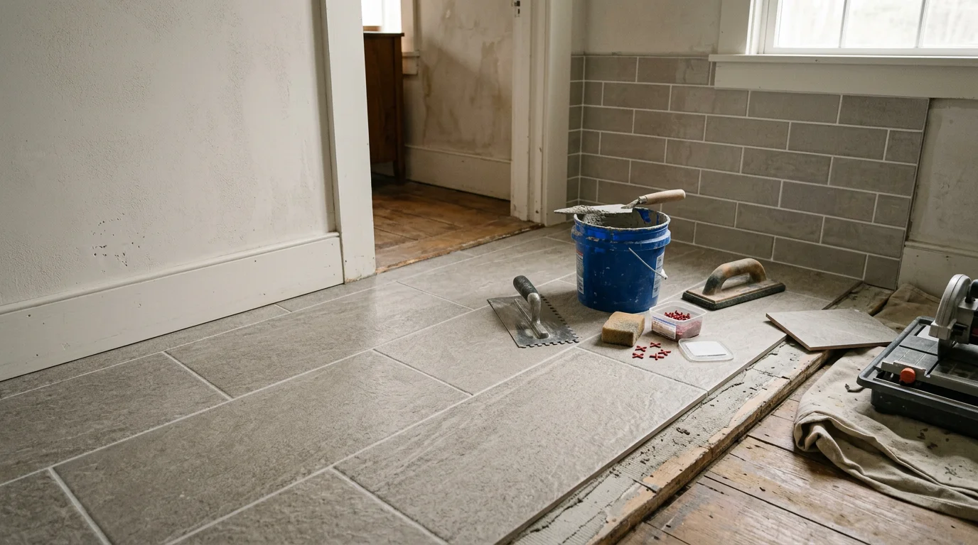 Freshly installed porcelain floor tile in a bathroom in Lyman, Maine, showing clean grout lines and a level surface. The tile runs from the base of the vanity to the doorway with consistent spacing throughout.