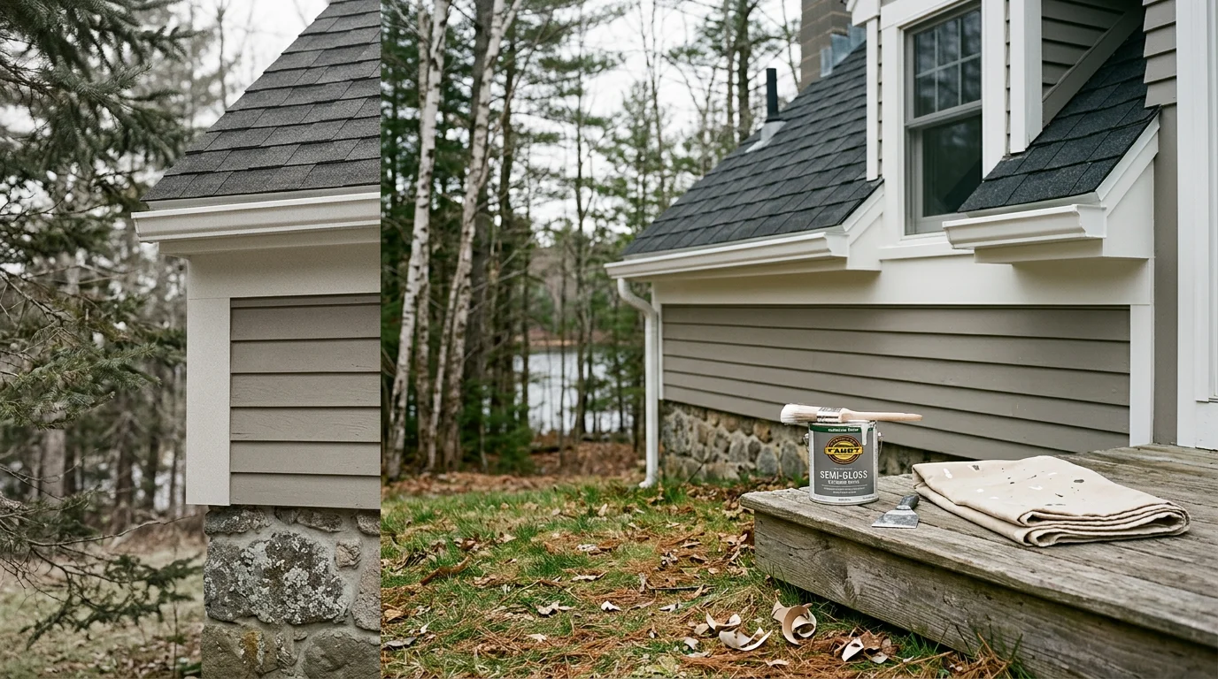 Freshly painted white fascia boards and window trim on a Cape Cod style home in Lyman, Maine, with clean brush lines along the roofline and no peeling or discoloration visible. The surrounding wooded lot and pond-side setting are visible in the background.
