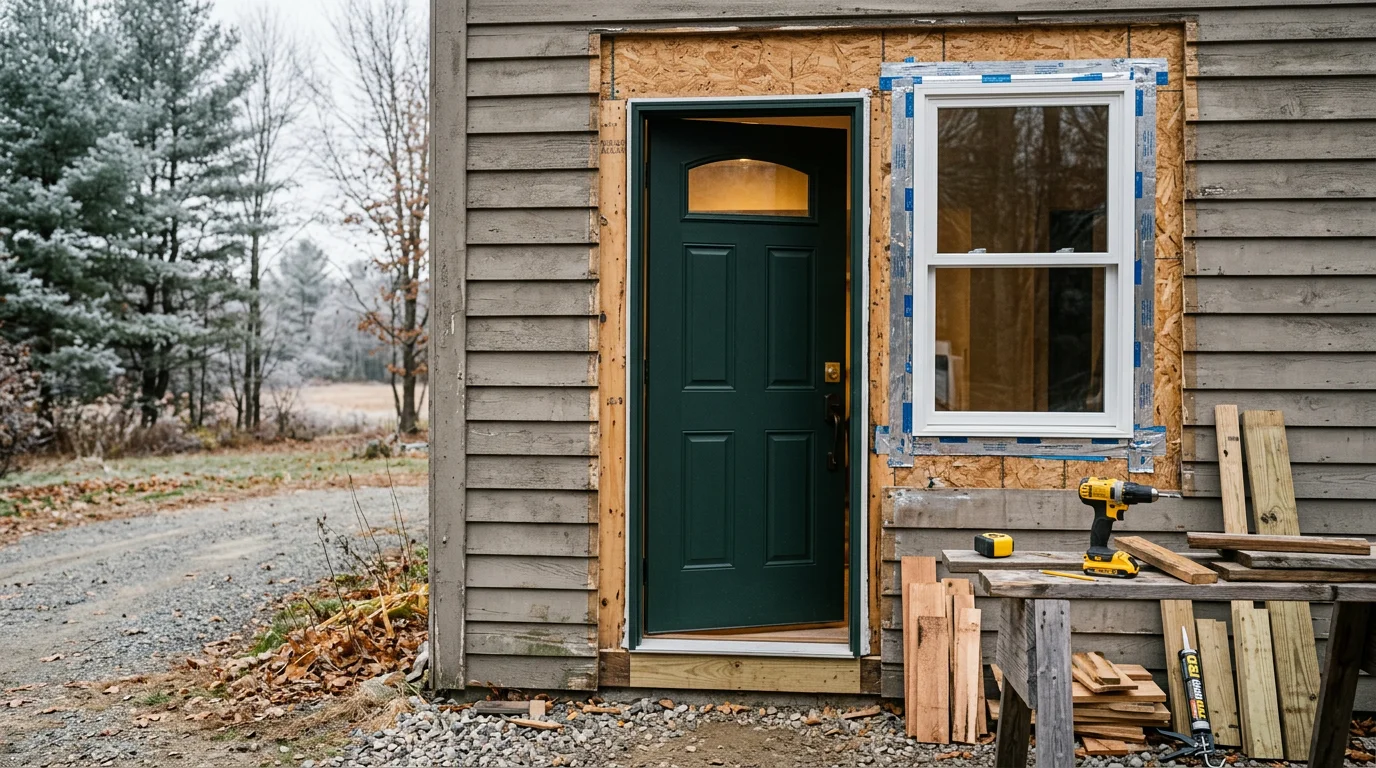 A freshly installed exterior entry door on a residential home in Lyman, Maine, with clean trim work and a tight seal at the threshold. A replacement window in the same home shows new framing and sealed edges ready for interior finishing.